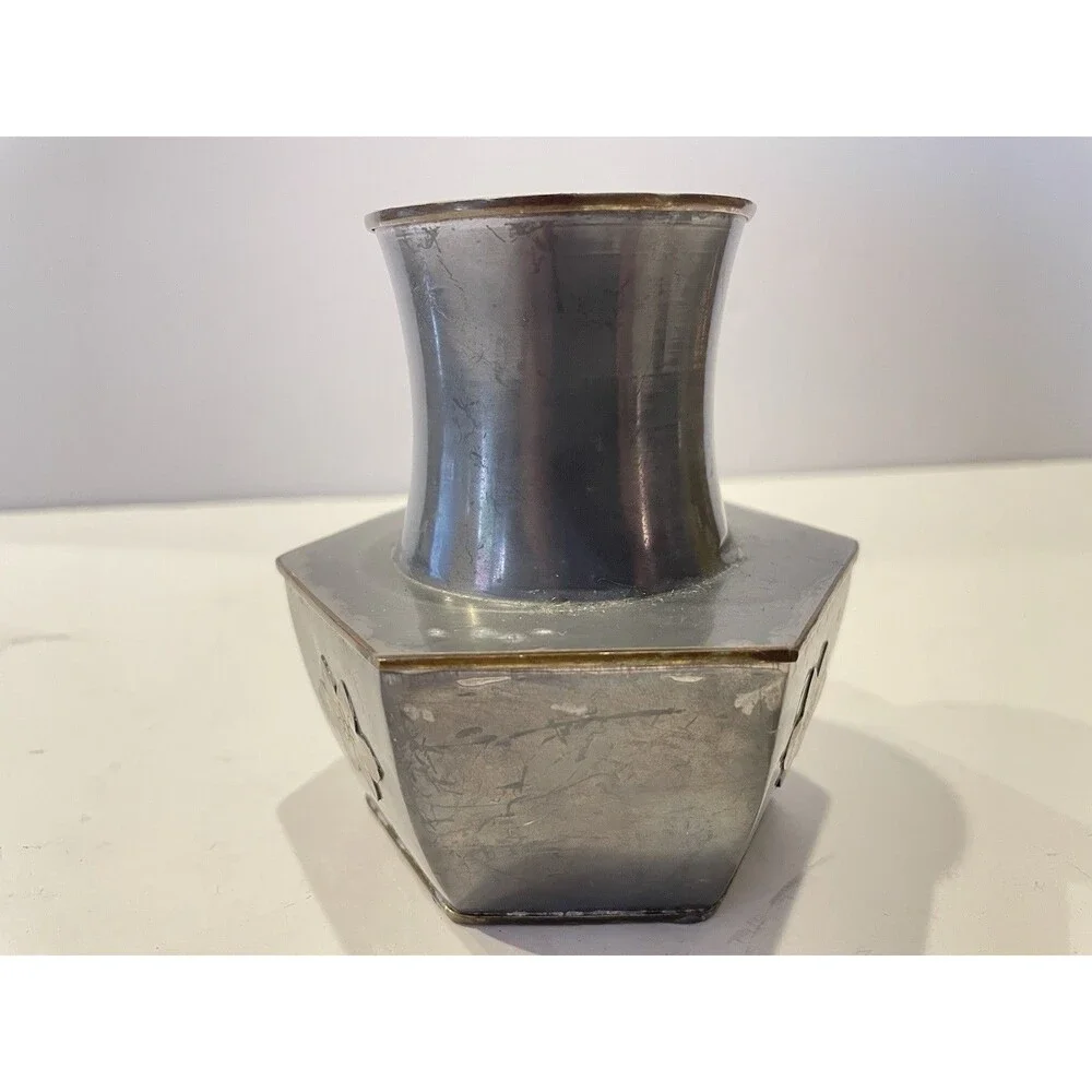Vtg Colonial  Style Pewter Vase W  Brass Flowers & Trim / Hexagon Base  4 1/4